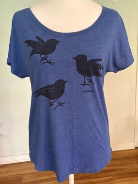 Marushka ‘3 Bird’ Scoop Neck Blue Graphic Tee Shirt, Hand Screen Printed, Size S